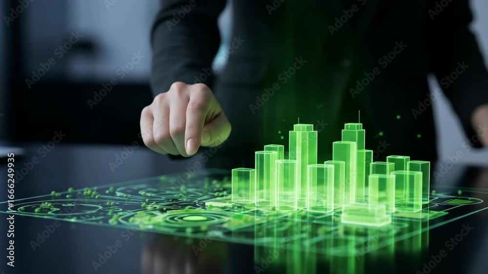 Futuristic urban planning concept with green holographic city model, Innovative green tech concept with hologram city and hand interaction over table Futuristic urban planning concept with green holographic city model, Innovative green tech concept with hologram city and hand interaction over table