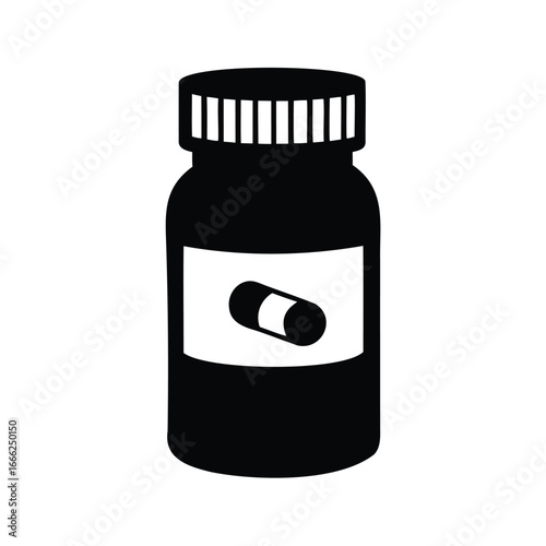 Black medicine bottle with pill capsule shown on a label image, Capsule bottle silhouette vector illustration