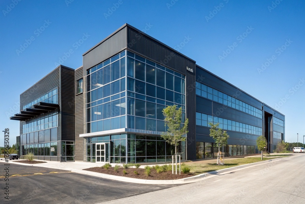 custom made wallpaper toronto digitalModern office building with sleek blue-grey exterior. Contemporary design emphasizes natural light, green spaces, and sustainability. Large windows reflect sky, creating professional, eco-friendly.
