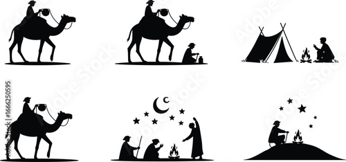 Silhouettes of desert traveler on camel, camping scenes, sitting by campfire, night sky with stars and moon, nomadic lifestyle.