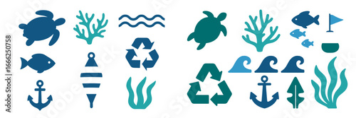 Marine and Nautical Icons Set, Minimalist flat design