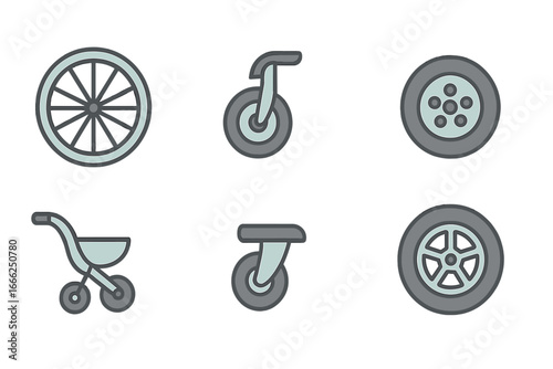 Wheels and casters icons set, Minimalist flat design