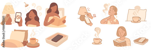 Relaxing evening routine with book and tea, Minimalist flat design
