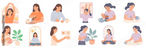Woman's Daily Routine Activities, Minimalist flat design