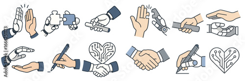 Human and robot hands working together on business tasks