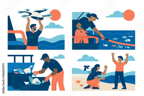 Environmental cleanup team on water and beach, Minimalist flat design