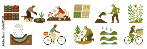 People Engaged in Gardening and Farming Tasks, Minimalist flat design
