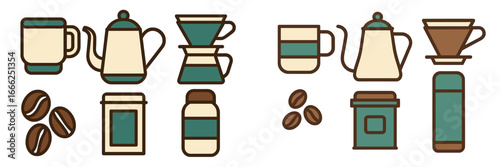Coffee brewing tools and beans flat icons, Minimalist flat design