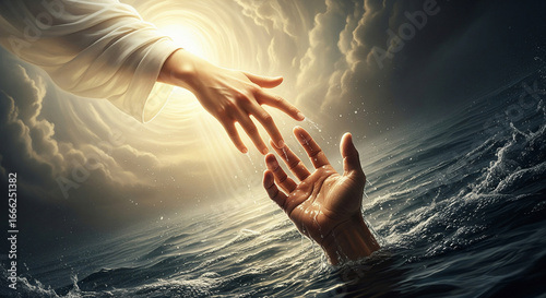 Close-up of an angel reaching down from heaven and saving the hand of a drowning man. Miracle of saving life, salvation from drowning, faith in a miracle, Catholicism, Christianity