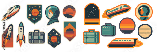 Retro Space Travel and Sunset Motifs, Minimalist flat design