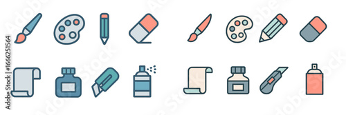 Art and Craft Supplies Icons Set, Minimalist flat design