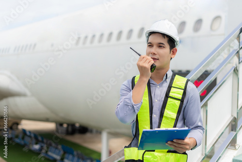 Fotografie male engineer in a white hard hat stands inspecting and maintaining an aircraft as it moves through the hangar