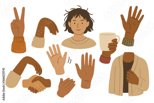 Diverse Hands Gesturing and Interacting, Minimalist flat design