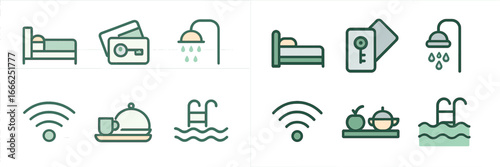 Hotel Amenities Icons Set, Minimalist flat design