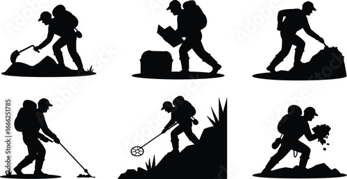 Treasure hunting silhouettes, metal detecting, gold panning, explorers digging, buried chest search, outdoor adventure, fortune seekers, prospecting activity scene.