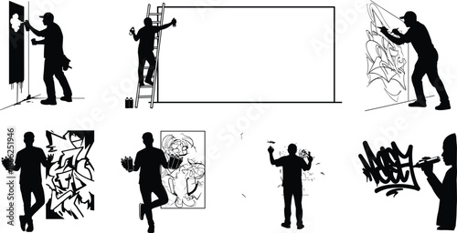Urban street artist spray painting graffiti wall art, creative mural design, urban culture, spray cans, street art expression, graffiti artist silhouette