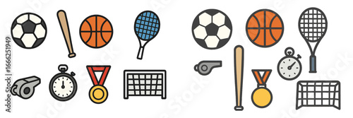 Sports Equipment and Awards Icons, Minimalist flat design