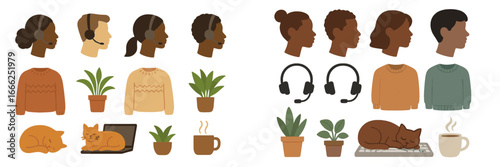 Diverse People with Cozy Items, Minimalist flat design