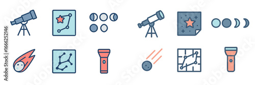 Astronomy Icons: Telescope, Constellations, Moon Phases, Meteor