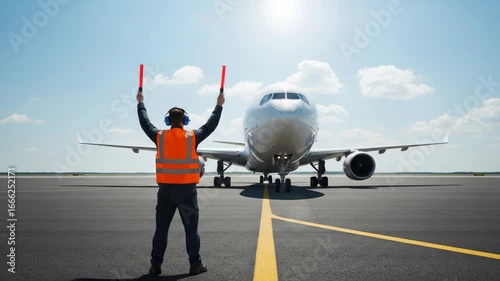 Airport Ground Crew Directing Airplane on the Tarmac with Light Wands, Front View of Airplane Being Guided by Airport Worker