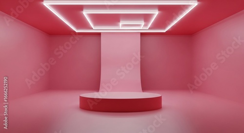 Modern pink studio stage with podium and neon lighting