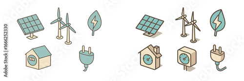 Eco-friendly energy sources and power icons, Minimalist flat design