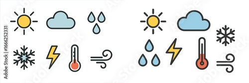 Weather Icons Set with Sun, Cloud, Rain, Snow, Lightning, and Wind
