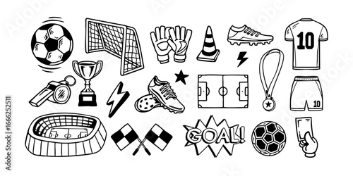 Vector football illustration set with soccer ball, goal, jersey, boots, gloves, trophy, stadium, medal, and field. Perfect for t-shirts, posters, stickers, sports graphics, and merchandise
