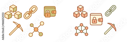 Cryptocurrency and Blockchain Technology Icons, Minimalist flat