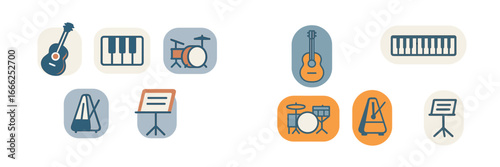 Musical Instruments and Accessories Icons, Minimalist flat design