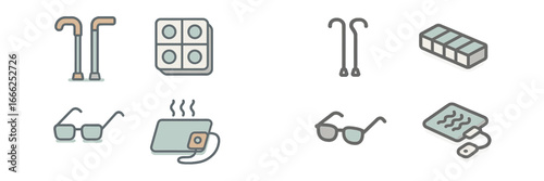 Medical Aids and Health Items Icons, Minimalist flat design
