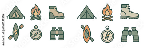 Camping and Outdoor Adventure Equipment Icons, Minimalist flat design