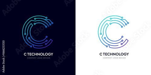C letter network logo design for cloud computing tech innovation. Futuristic typographic connectivity logo, AI technology corporate brand circuit vector. Techno chip gradient electric cyber text line.
