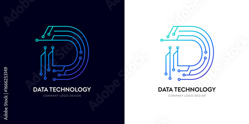 D letter network logo design for database tech innovation. Futuristic typographic connectivity logo, Cyberspace AI technology corporate brand vector. Data analysis gradient electric cyber text line.