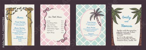 Set of summer exotic vacation whimsical hand-drawn frames with palm and sea, bow aesthetic in trendy, vintage styles. Perfect for quirky holiday, wedding, birthday gift decorations