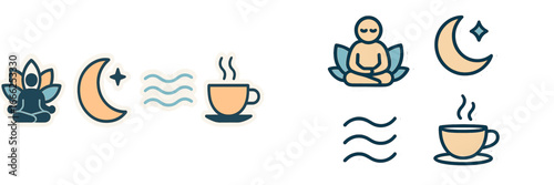Zen meditation, moon, waves, and hot drink icons