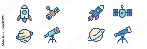 Space exploration icons: rocket, satellite, planet, telescope