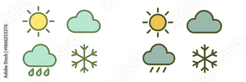 Weather Icons: Sun, Clouds, Rain, Snow, Minimalist flat design