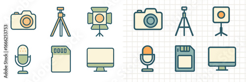 Photography and Videography Gear Icons, Minimalist flat design