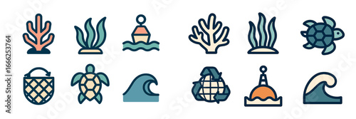 Ocean and Marine Life Icons Set, Minimalist flat design