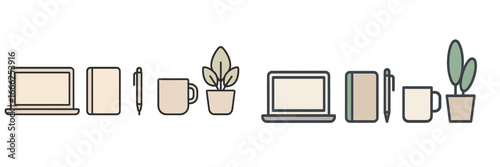 Desk items with laptops, notebooks, pens, and potted plants