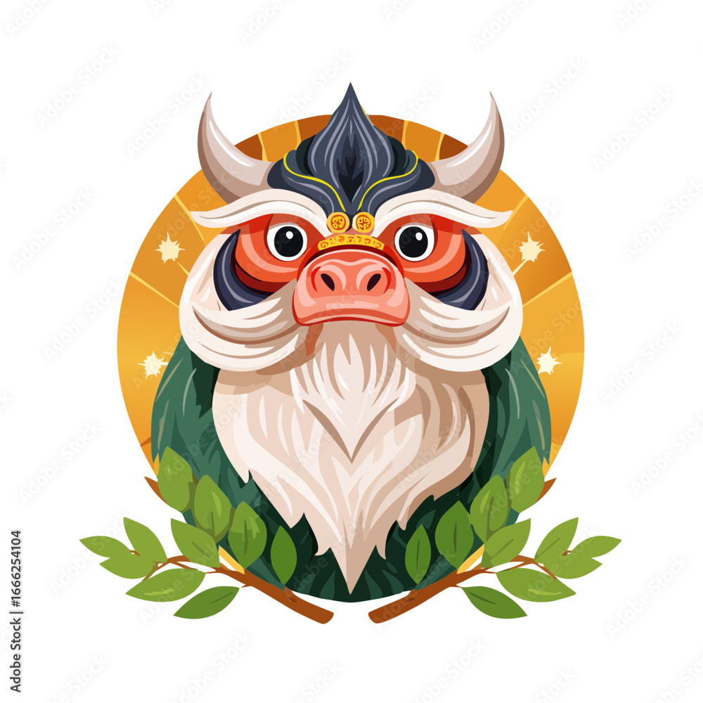 Fototapeta premium Illustrated Mask with Horns and Laurel Wreath against a Radiant Background