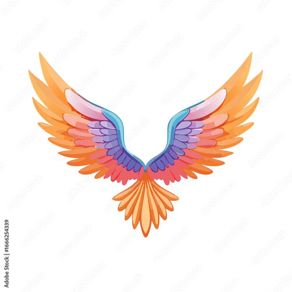 Fototapeta premium Colorful Wings Flapping Illustration Orange Pink Violet Feathers Cartoon Style Black Background