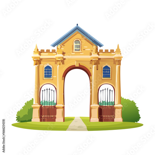 Arched gate illustration in cartoon style for architectural design element, historic entrance on lawn with fence
