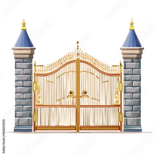 Ornate iron gate with stone pillars, providing security and entrance to a private residence.