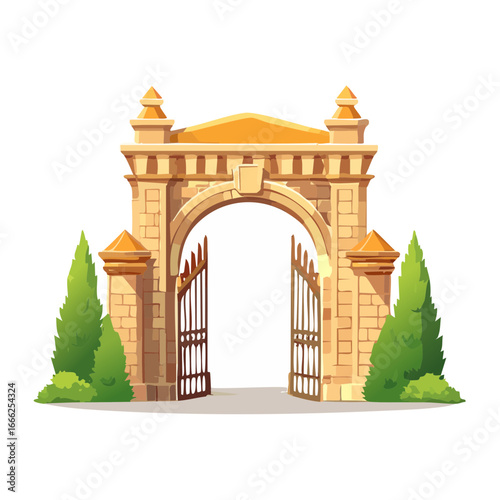 Ornate stone archway entrance with open iron gates and landscaping Cartoon illustration vector