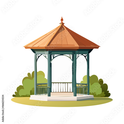 Serene Gazebo in a Park Setting Illustration Copper Roof and Green Bushes