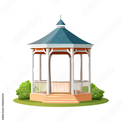 Elegant Gazebo Illustration Blue Roof and Trim Relaxing Outdoor Park Structure