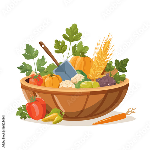 Wooden bowl overflowing with freshly harvested autumn vegetables and grains