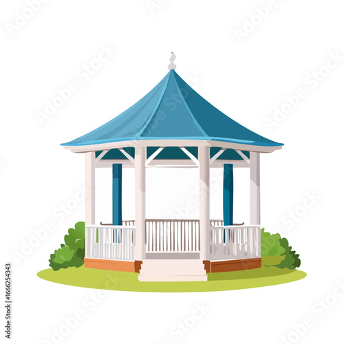 Charming gazebo illustration blue roof white structure green lawn serene scene architecture outdoor recreation park amenity building